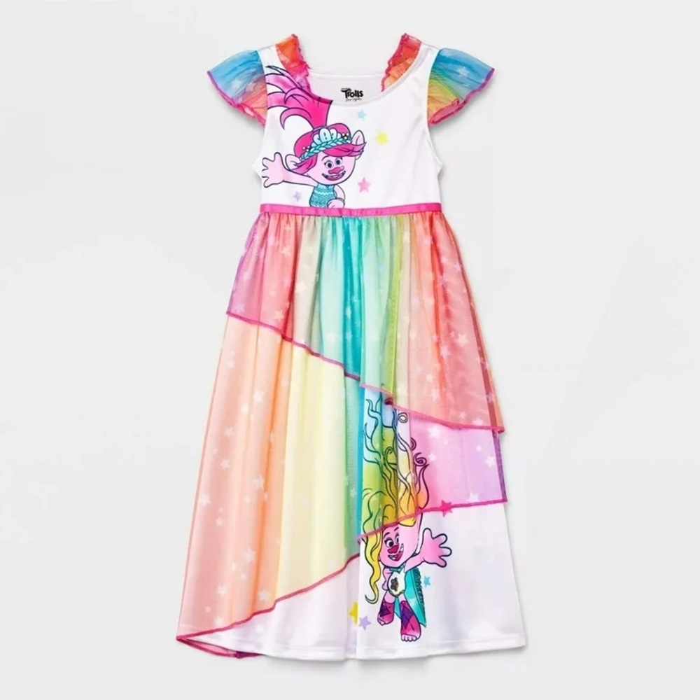 SOLD Trolls Sisters VIva and Poppy Rainbow Star Satiny Nightgown